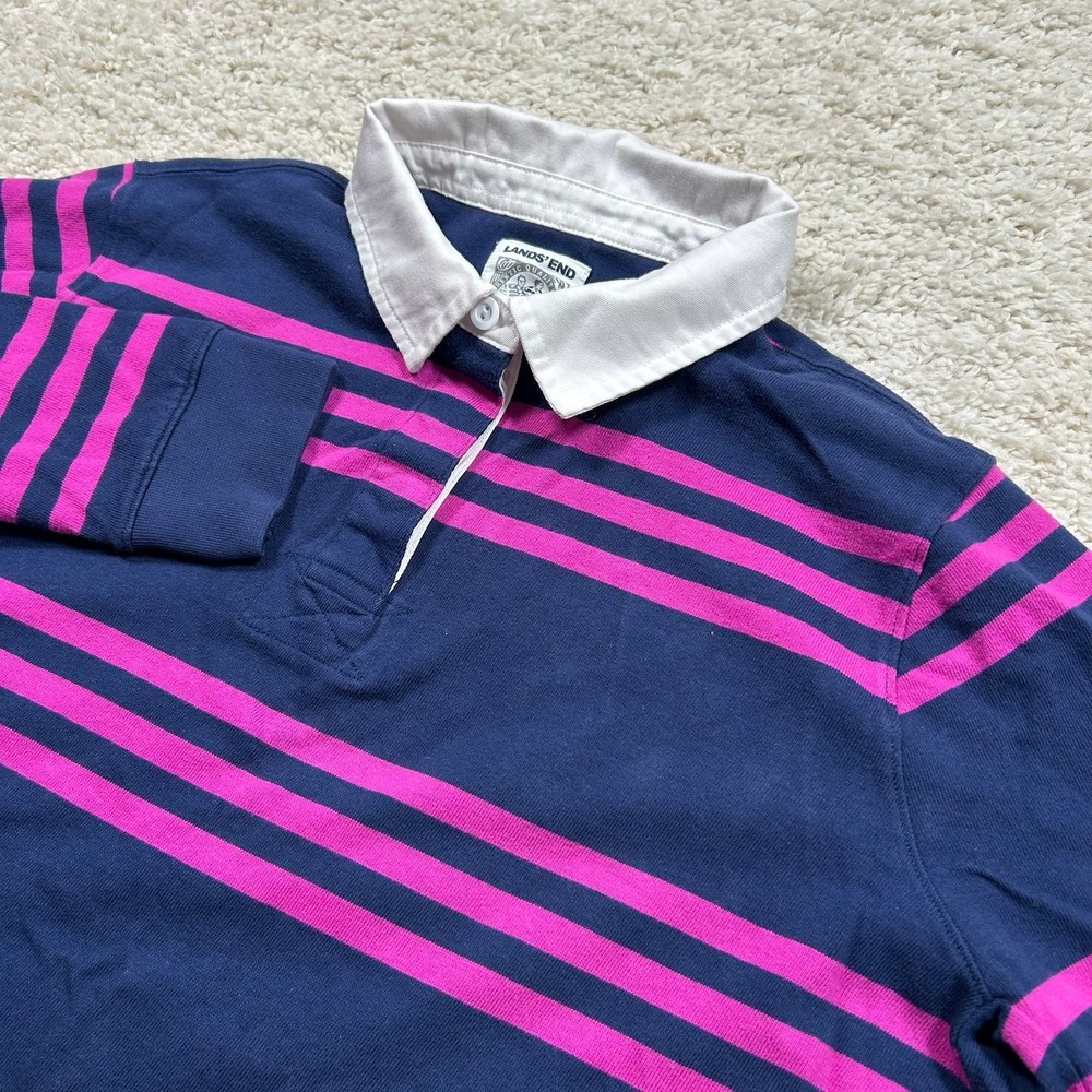 Vintage Lands' End Rugby Shirt XLT XL Tall  Blue Pink Striped Long Sleeve Cotton